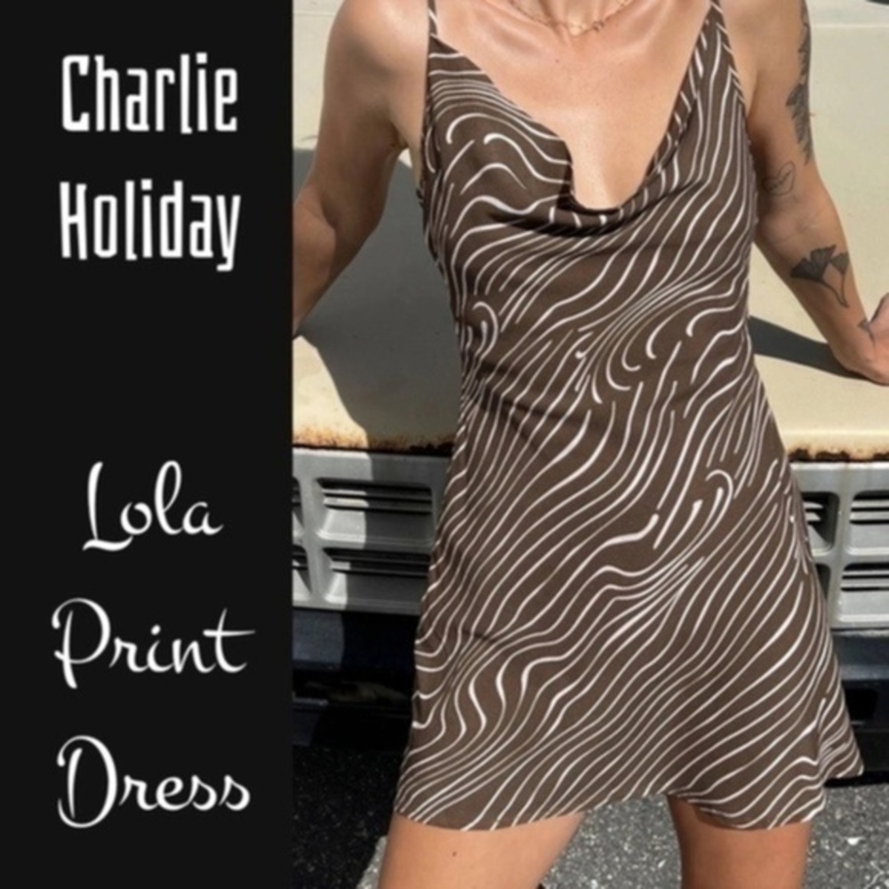 CHARLIE HOLIDAY Lola Brown Zebra Print Cowl-Neck Back Tie Mini Slip Dress/Lg NWT